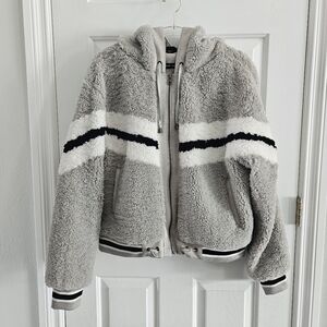 NWOT Blanc Noir Striped Faux Shearling Cropped Zip Hooded Jacket
